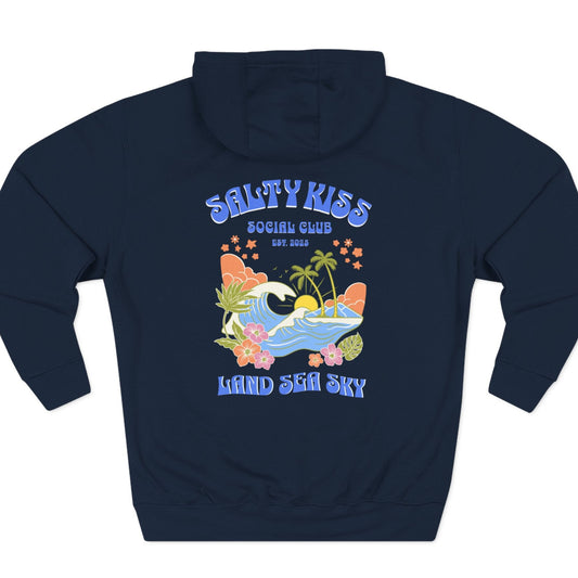 Navy blue hoodie with a colorful graphic and text on a white background