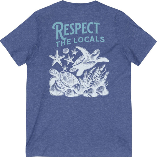 Blue t-shirt with sea turtle and starfish design on the back, featuring the text 'Respect the Locals'.