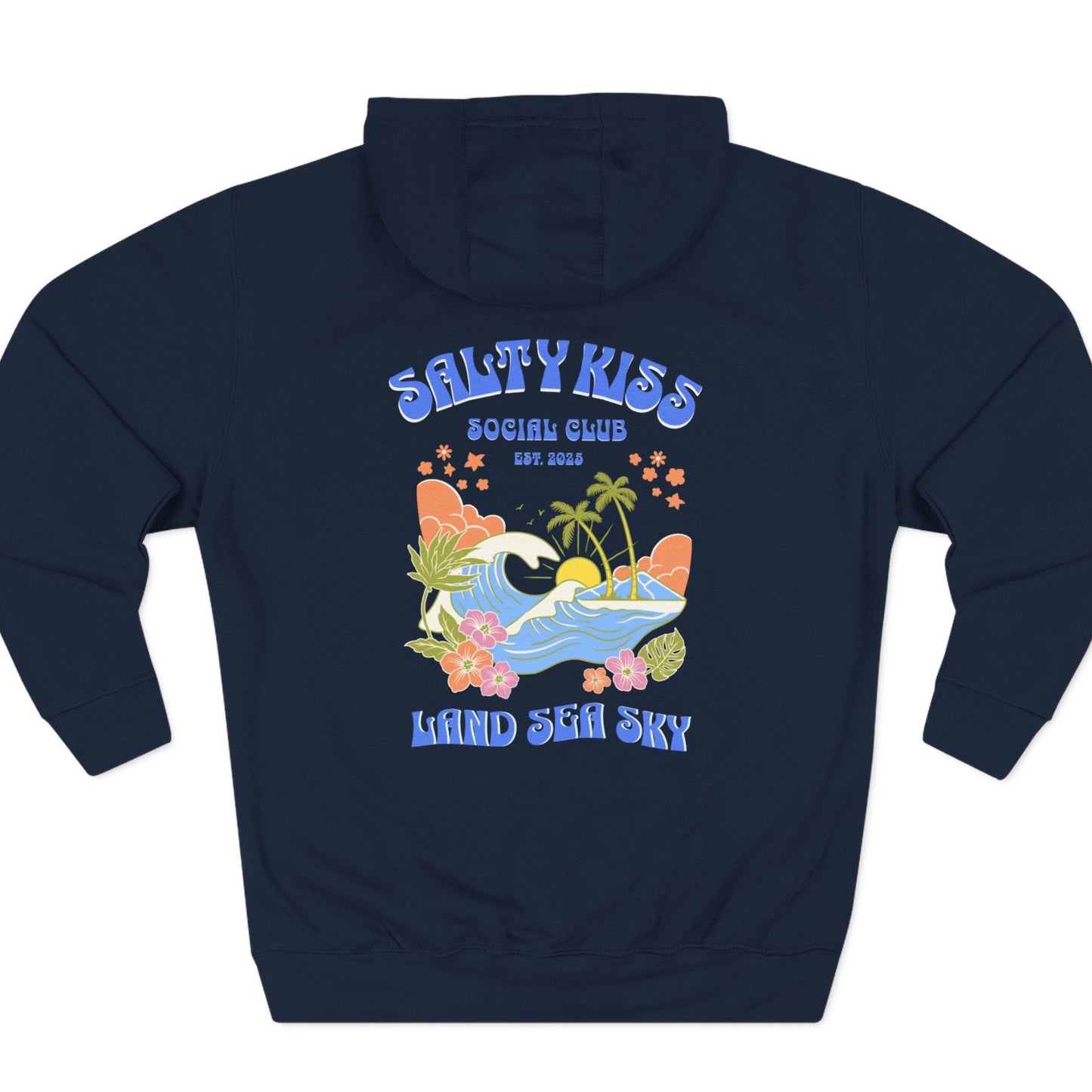 Navy blue hoodie with a colorful graphic and text on a white background