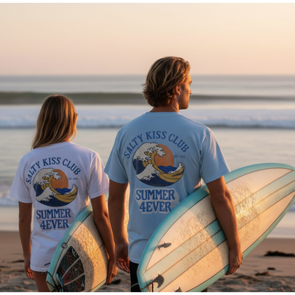 Beach lifestyle photo with couple wearing matching graphics