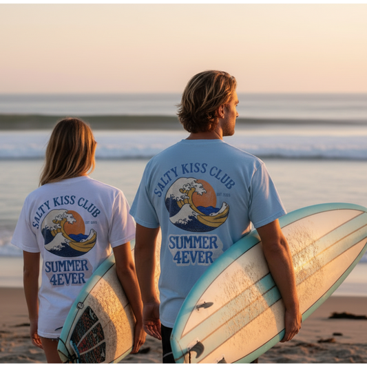 Beach lifestyle photo with couple wearing matching graphics