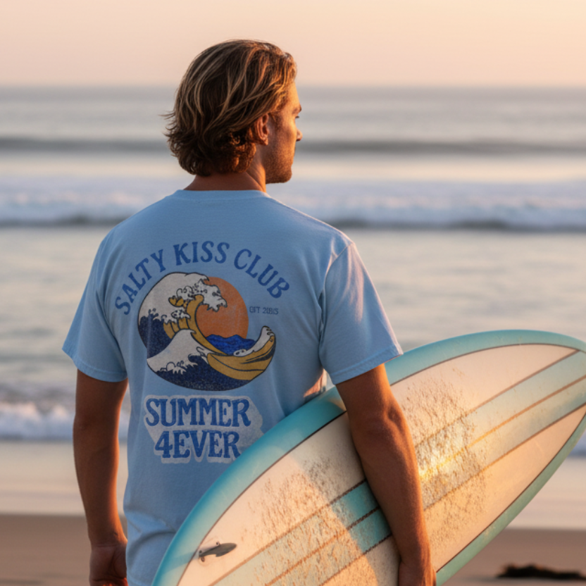 Beach lifestyle photo with t-shirt graphic and surfboard