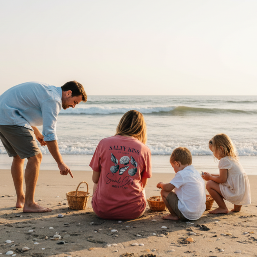 Family beach photo with woman wearing graphic shirt