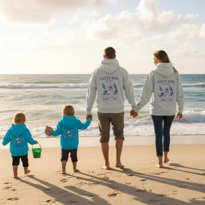 Family in matching seashells hoodies collecting shells at beach