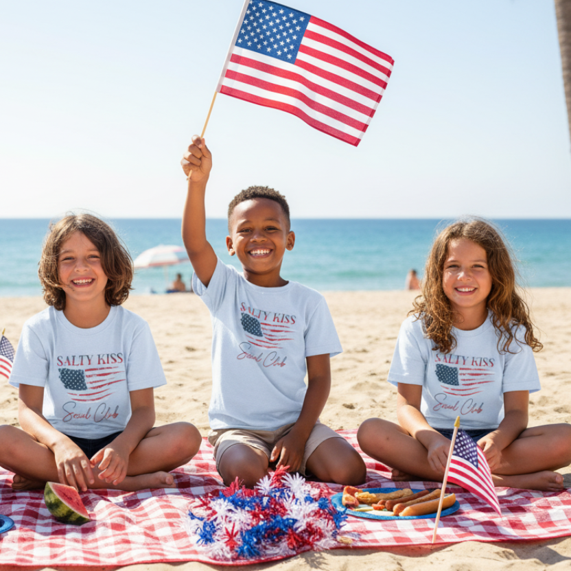 Kids at 4th of July beach picnic wearing USA t-shirt