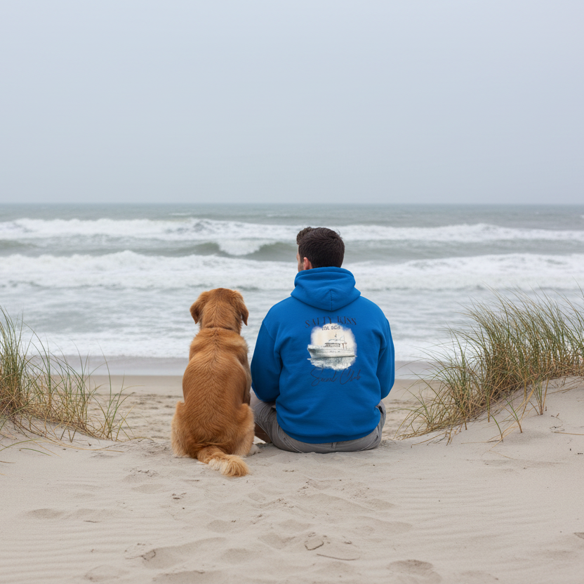 Nautical Hoodie Back View Man Sitting with Dog