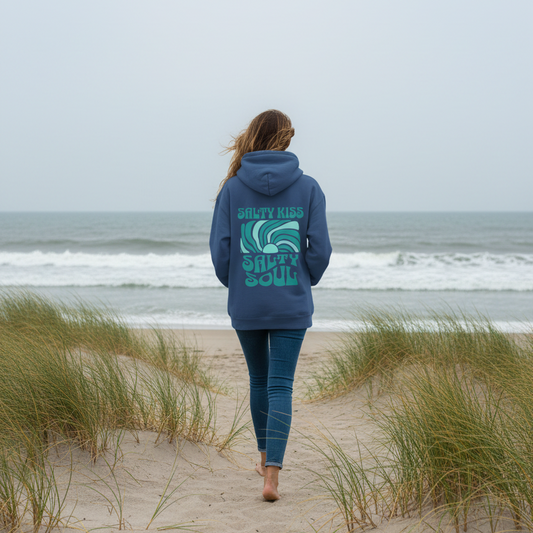 Salty Soul Hoodie Back View Beach Lifestyle