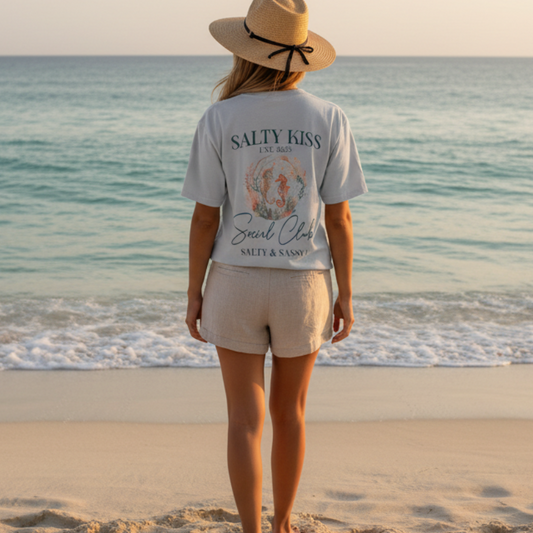 Seahorse t-shirt woman back view beach lifestyle photo