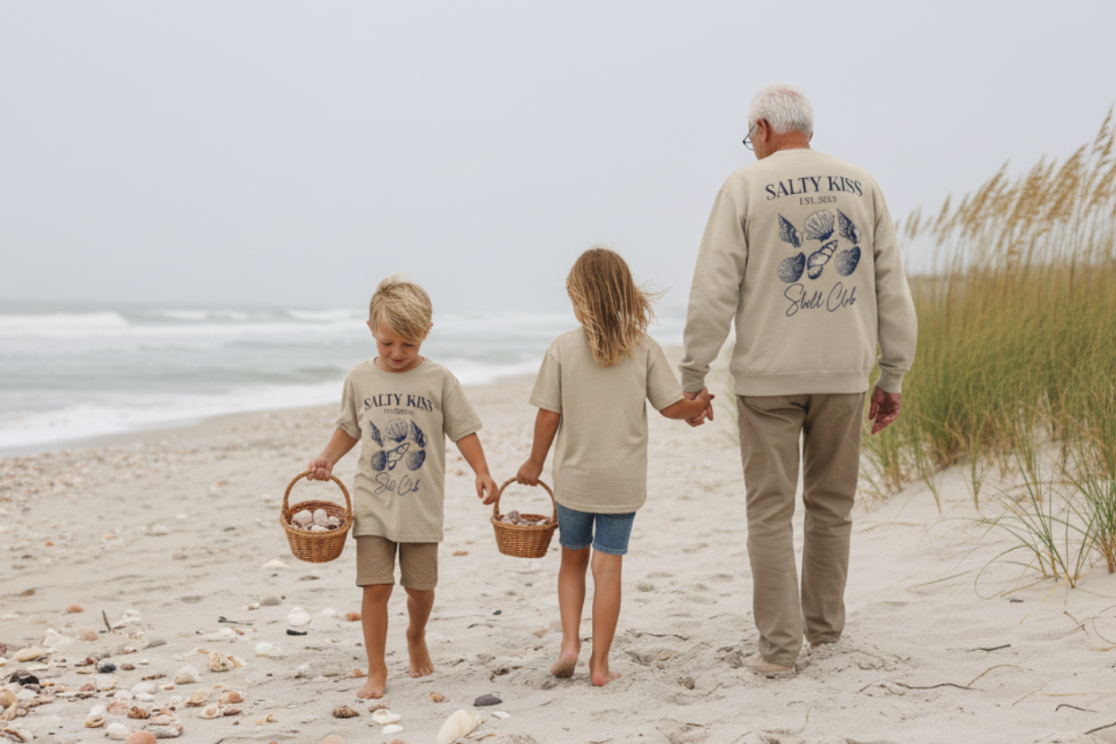Shell Collectors Multigenerational Beach Scene