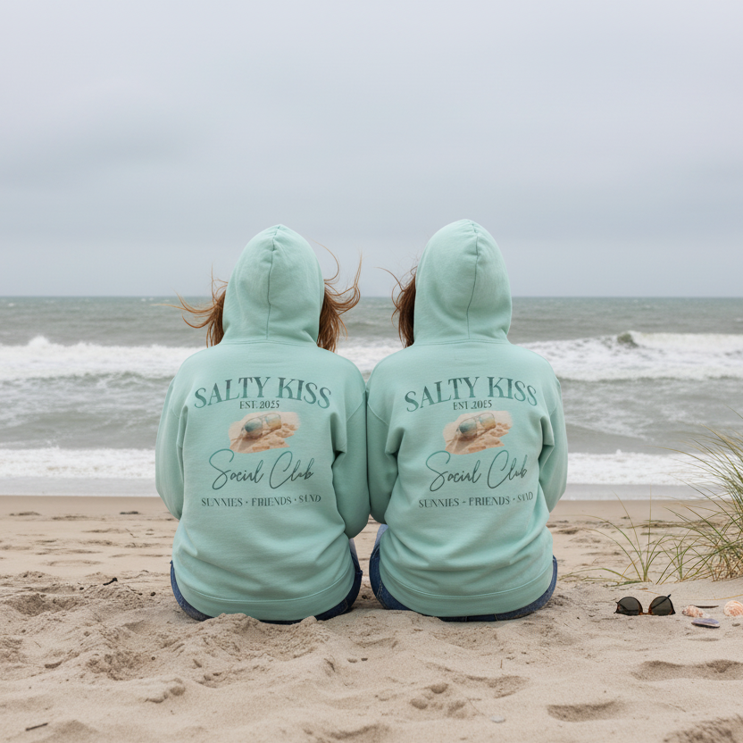 Sunnies Hoodie Back View Two Girls Beach